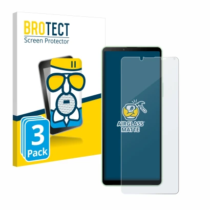 Front side of a product packaging with the brand logo BROTECT. Next to it is the device Sony Xperia 10 V shown with the corres