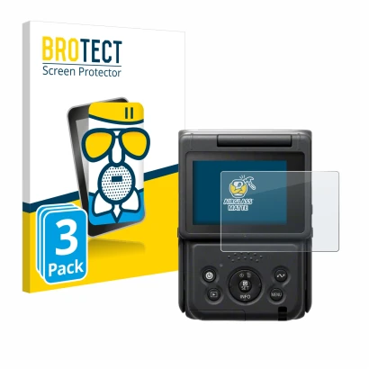Front side of a product packaging with the brand logo BROTECT. Next to it is the device Canon PowerShot V10 Vlog Camera shown 