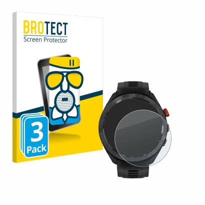 Front side of a product packaging with the brand logo BROTECT. Next to it is the device Garmin Approach S70 (47 mm) shown with