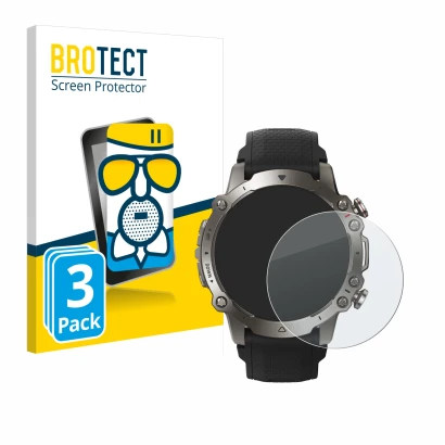 Front side of a product packaging with the brand logo BROTECT. Next to it is the device Huami Amazfit Falcon shown with the co