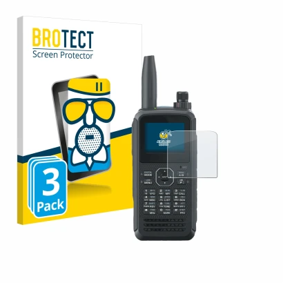 Front side of a product packaging with the brand logo BROTECT. Next to it is the device Kenwood TH-D75E D-Star shown with the 