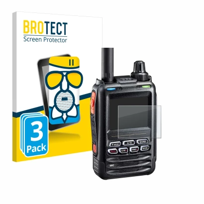 Front side of a product packaging with the brand logo BROTECT. Next to it is the device Yaesu FT-5DE/DR shown with the corresp