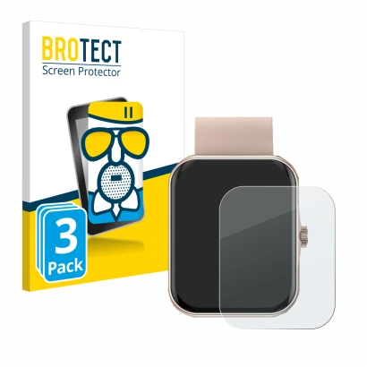Front side of a product packaging with the brand logo BROTECT. Next to it is the device Mutoy Smartwatch 1.83" shown with the 