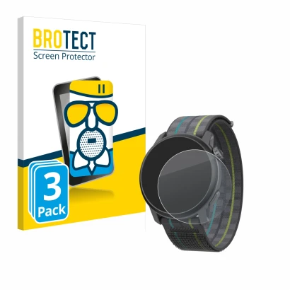 Front side of a product packaging with the brand logo BROTECT. Next to it is the device Coros Pace 3 shown with the correspond