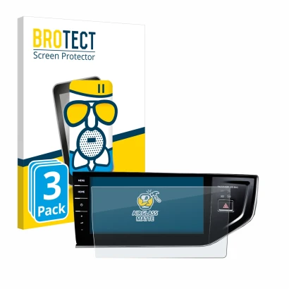 Front side of a product packaging with the brand logo BROTECT. Next to it is the device Volkswagen Polo VI Discover Pro 9,2" s