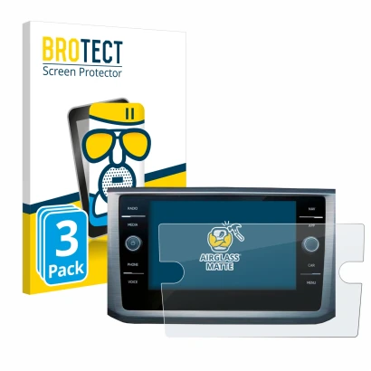 Front side of a product packaging with the brand logo BROTECT. Next to it is the device Volkswagen Passat B8 Discover Media 8"