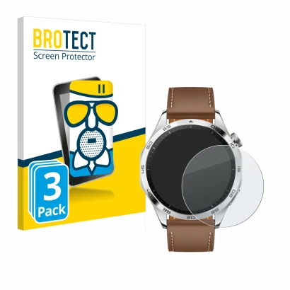 Front side of a product packaging with the brand logo BROTECT. Next to it is the device Huawei Watch GT 4 (46mm) shown with th