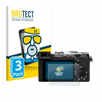 Front side of a product packaging with the brand logo BROTECT. Next to it is the device Sony Alpha 7C II (ILCE-7CM2) shown wit