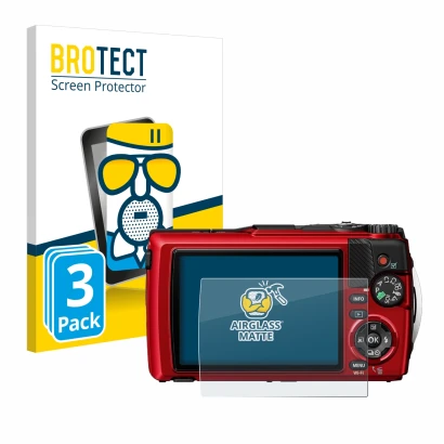 Front side of a product packaging with the brand logo BROTECT. Next to it is the device Olympus OM System Tough TG-7 shown wit