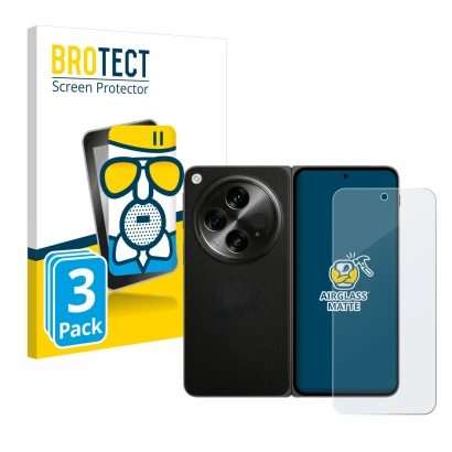 Front side of a product packaging with the brand logo BROTECT. Next to it is the device OnePlus Open shown with the correspond