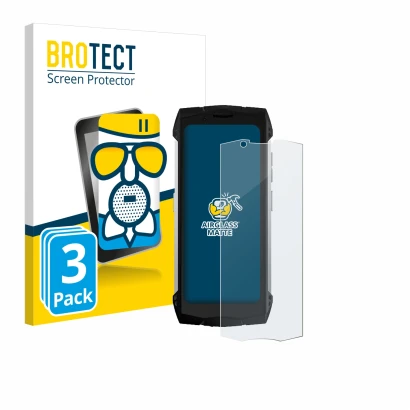 Front side of a product packaging with the brand logo BROTECT. Next to it is the device Doogee S Mini shown with the correspon