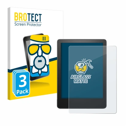 Front side of a product packaging with the brand logo BROTECT. Next to it is the device Amazon Kindle Paperwhite 2023 (11th Ge