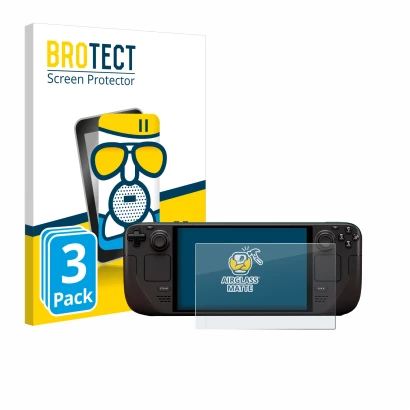 Front side of a product packaging with the brand logo BROTECT. Next to it is the device Valve Steam Deck OLED shown with the c