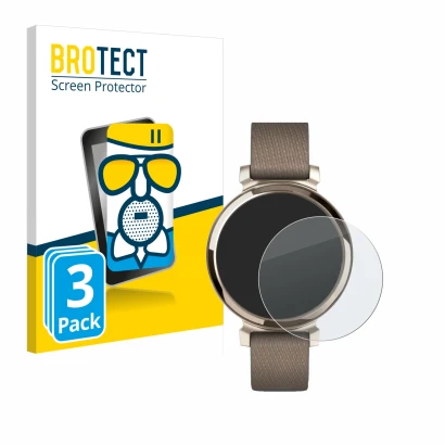 Front side of a product packaging with the brand logo BROTECT. Next to it is the device Garmin Lily 2 shown with the correspon
