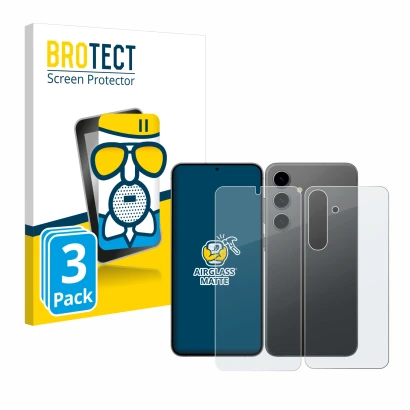 Front side of a product packaging with the brand logo BROTECT. Next to it is the device Samsung Galaxy S24 (Front+Back) shown 