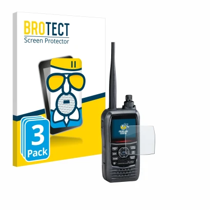 Front side of a product packaging with the brand logo BROTECT. Next to it is the device Icom IC-R15 shown with the correspondi