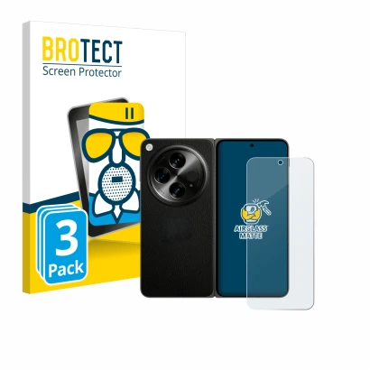 Front side of a product packaging with the brand logo BROTECT. Next to it is the device OnePlus Open (case-friendly) shown wit