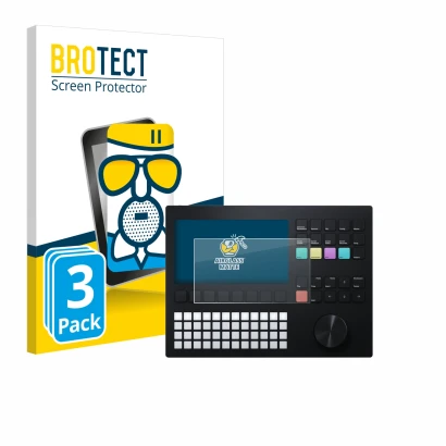 Front side of a product packaging with the brand logo BROTECT. Next to it is the device Polyend Tracker shown with the corresp