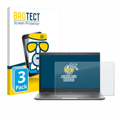 Front side of a product packaging with the brand logo BROTECT. Next to it is the device Dell Latitude 5350 Laptop shown with t