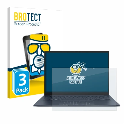 Front side of a product packaging with the brand logo BROTECT. Next to it is the device ASUS ZenBook 14 OLED UX3405 Touch show