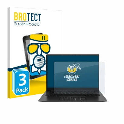 Front side of a product packaging with the brand logo BROTECT. Next to it is the device ASUS ZenBook 14 OLED UM3406 shown with