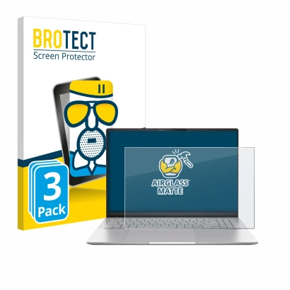 Front side of a product packaging with the brand logo BROTECT. Next to it is the device ASUS Vivobook S16 OLED M5606 shown wit