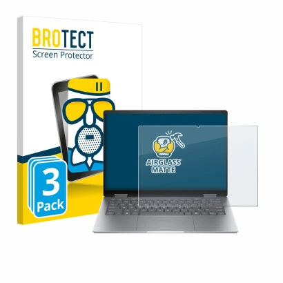 Front side of a product packaging with the brand logo BROTECT. Next to it is the device HP Envy x360 14 2-in-1 shown with the 
