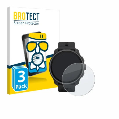 Front side of a product packaging with the brand logo BROTECT. Next to it is the device Suunto Race S shown with the correspon