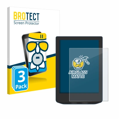 Front side of a product packaging with the brand logo BROTECT. Next to it is the device PocketBook Verse Pro Color shown with 