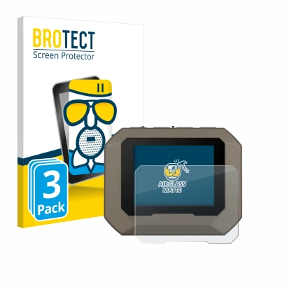 Front side of a product packaging with the brand logo BROTECT. Next to it is the device Garmin Xero C1 Pro shown with the corr
