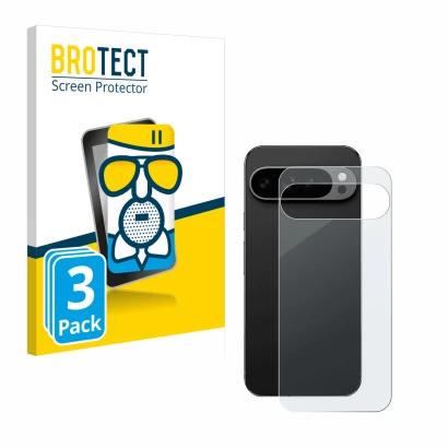 Front side of a product packaging with the brand logo BROTECT. Next to it is the device Google Pixel 9 Pro XL (Back) shown wit