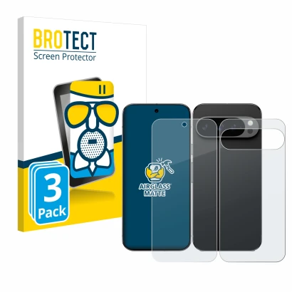 Front side of a product packaging with the brand logo BROTECT. Next to it is the device Google Pixel 9 Pro XL (Front+Back) sho