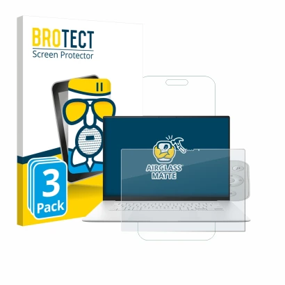 Front side of a product packaging with the brand logo BROTECT. Next to it is the device ASUS ZenBook S 16 shown with the corre