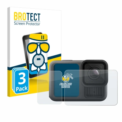 Front side of a product packaging with the brand logo BROTECT. Next to it is the device GoPro Hero 13 Black shown with the cor