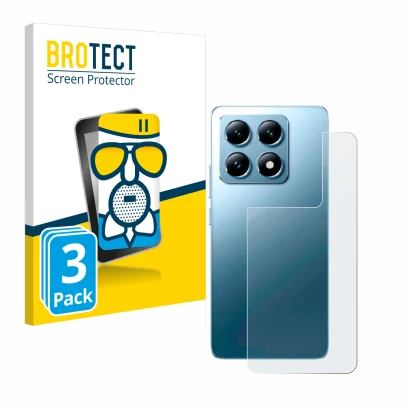 Front side of a product packaging with the brand logo BROTECT. Next to it is the device Xiaomi 14T Pro (Back) shown with the c