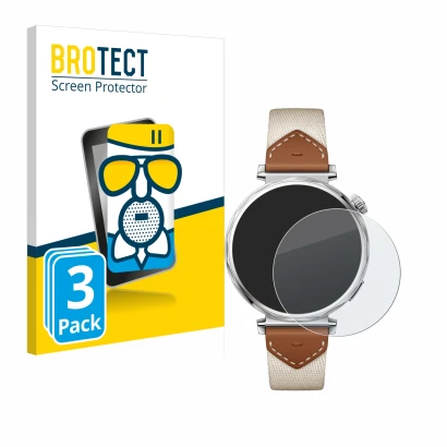 Front side of a product packaging with the brand logo BROTECT. Next to it is the device Huawei Watch GT 5 (41 mm) shown with t