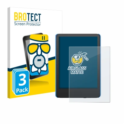 Front side of a product packaging with the brand logo BROTECT. Next to it is the device Amazon Kindle Kids (2024) shown with t