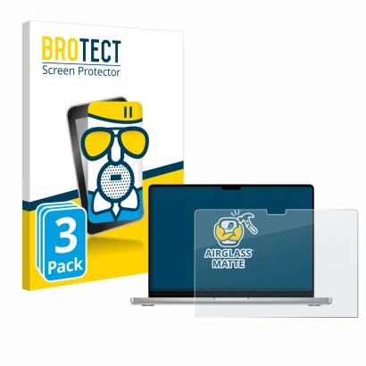 Front side of a product packaging with the brand logo BROTECT. Next to it is the device Apple MacBook Pro 14