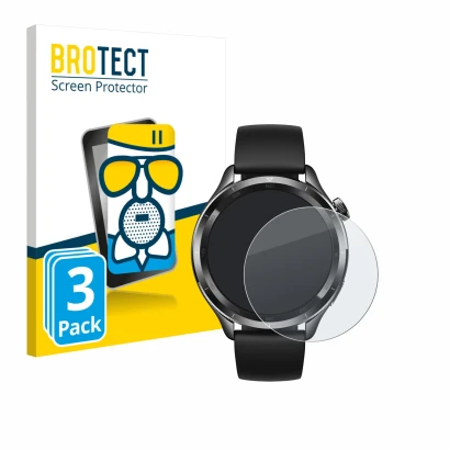 Front side of a product packaging with the brand logo BROTECT. Next to it is the device Xiaomi Watch S4 (47 mm) shown with the