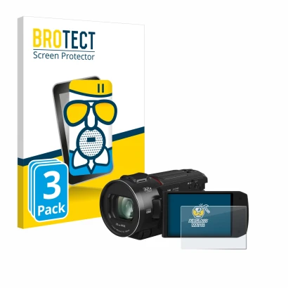 Front side of a product packaging with the brand logo BROTECT. Next to it is the device Panasonic HC-VX3 shown with the corres