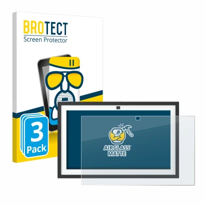 Front side of a product packaging with the brand logo BROTECT. Next to it is the device Amazon Echo Show 15 2024 shown with th