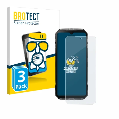 Front side of a product packaging with the brand logo BROTECT. Next to it is the device Doogee S Cyber shown with the correspo
