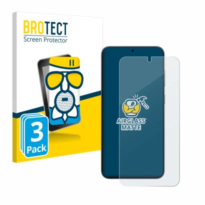 Front side of a product packaging with the brand logo BROTECT. Next to it is the device Samsung Galaxy S25 Plus shown with the