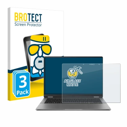Front side of a product packaging with the brand logo BROTECT. Next to it is the device ASUS Vivobook 14 Flip TP3407 shown wit