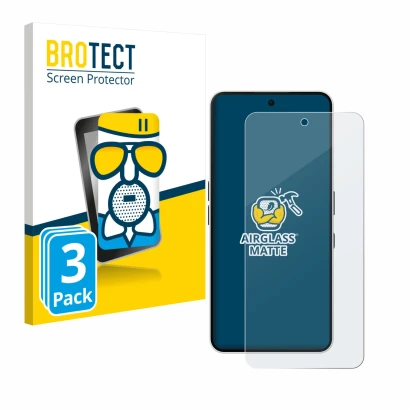 Front side of a product packaging with the brand logo BROTECT. Next to it is the device Nothing Phone (3a) shown with the corr