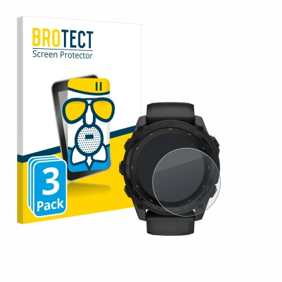Front side of a product packaging with the brand logo BROTECT. Next to it is the device Garmin Tactix 8 Solar (51 mm) shown wi