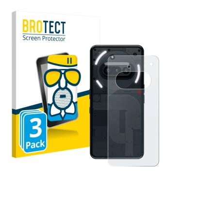 Front side of a product packaging with the brand logo BROTECT. Next to it is the device Nothing Phone (3a) (Back) shown with t