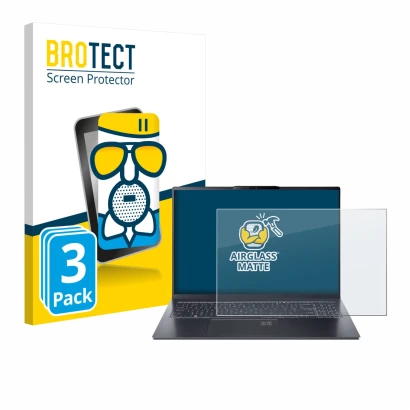 Front side of a product packaging with the brand logo BROTECT. Next to it is the device Acer Swift Go 16 AI shown with the cor