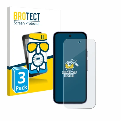 Front side of a product packaging with the brand logo BROTECT. Next to it is the device Google Pixel 9a shown with the corresp