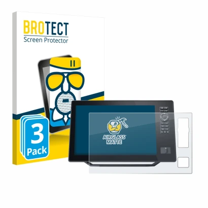 Front side of a product packaging with the brand logo BROTECT. Next to it is the device Humminbird Xplore 12 shown with the co